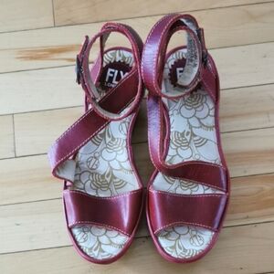 Fly London Yesk Red Strappy Sandals Wedge Heel